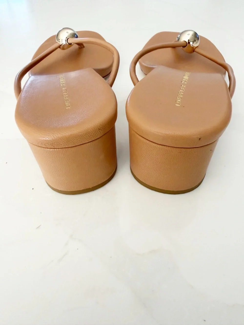 Loeffler Randall Tan Leather Toe-Post Sandals with Gold Dome - Picture 6 of 7